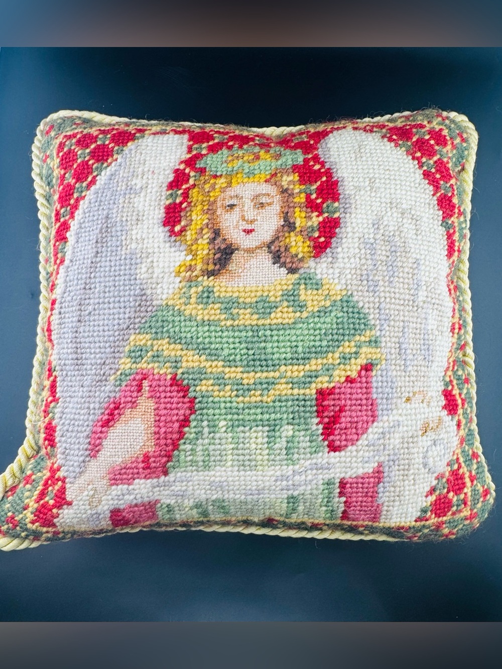 Christmas Angel Needlepoint Pillow Hand Embroidered Gold Thread Accent 10”